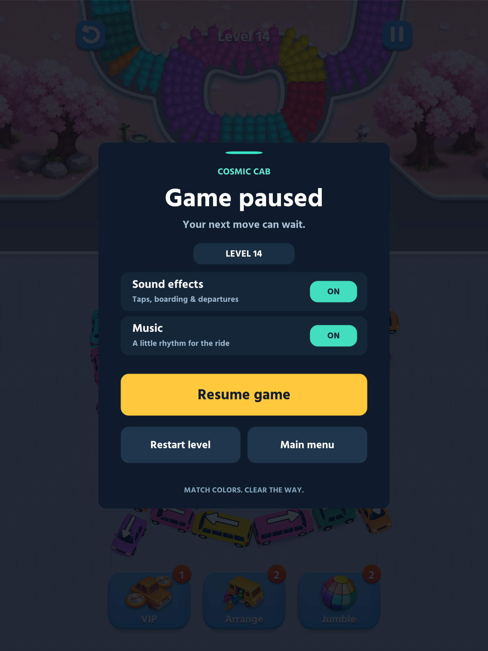 The Cosmic Cab pause menu with sound, music, resume, restart and main menu controls