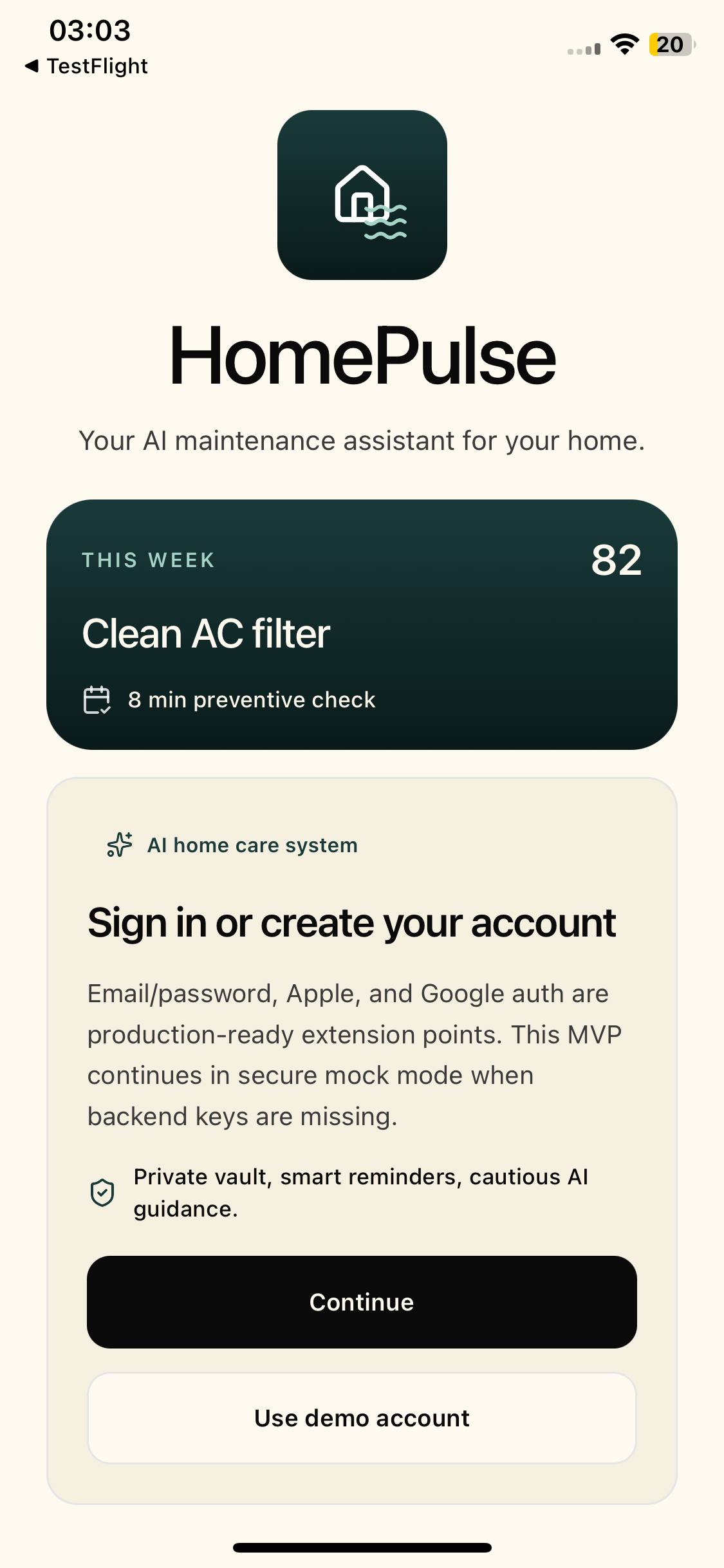 HomePulse account screen